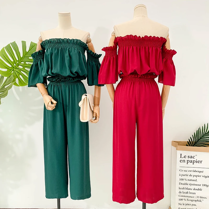 Seaside Two-piece New Slash Neck Horn Sleeve Short Crop Tops Shirt + Beach Pure Color Pants Two Piece Set Top and Pants E550
Seaside Two-piece New Slash Neck Horn Sleeve Short Crop Tops Shirt + Beach Pure Color Pants Two Piece Set Top and Pants E550