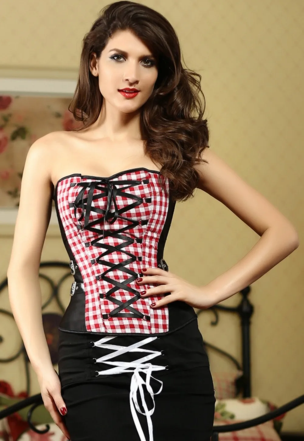 Pretty Girl Plaid Corset With Crisscross Ribbon LC Sexy Lace Up With G String In Bustiers