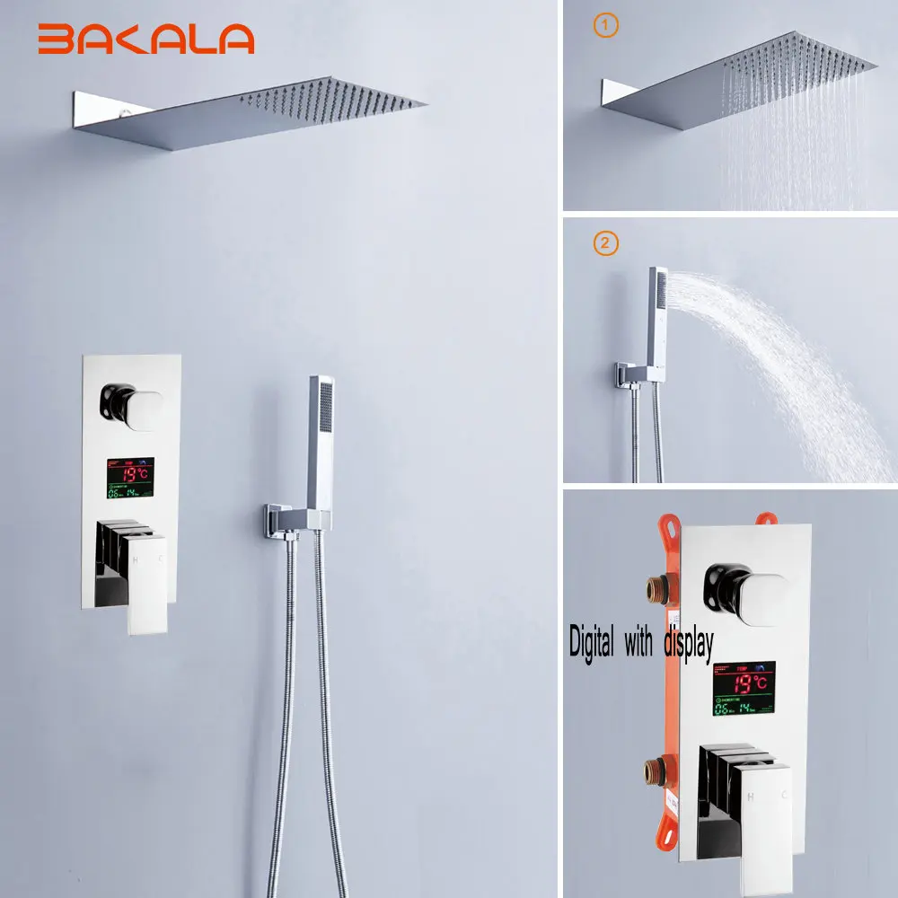 

Luxury Rain Bath Combination Shower Mixer Digital Wall Mounted Stainless Steel 20" Rainfall Shower Head Chrome Polished Shower