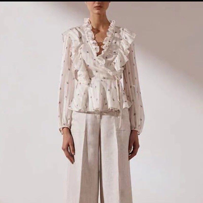 Ruffles Elegant Woman Tops V-Neck Puff Sleeve Print Lace Up Tops Female Fashion 2019 New
Ruffles Elegant Woman Tops V-Neck Puff Sleeve Print Lace Up Tops Female Fashion 2019 New