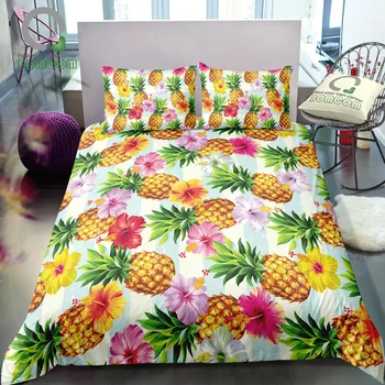 

BOMCOM 3D Digital Printing Colorful seamless Tropical pattern flower pineapples on white Duvet Cover Sets 100% Microfiber Clear