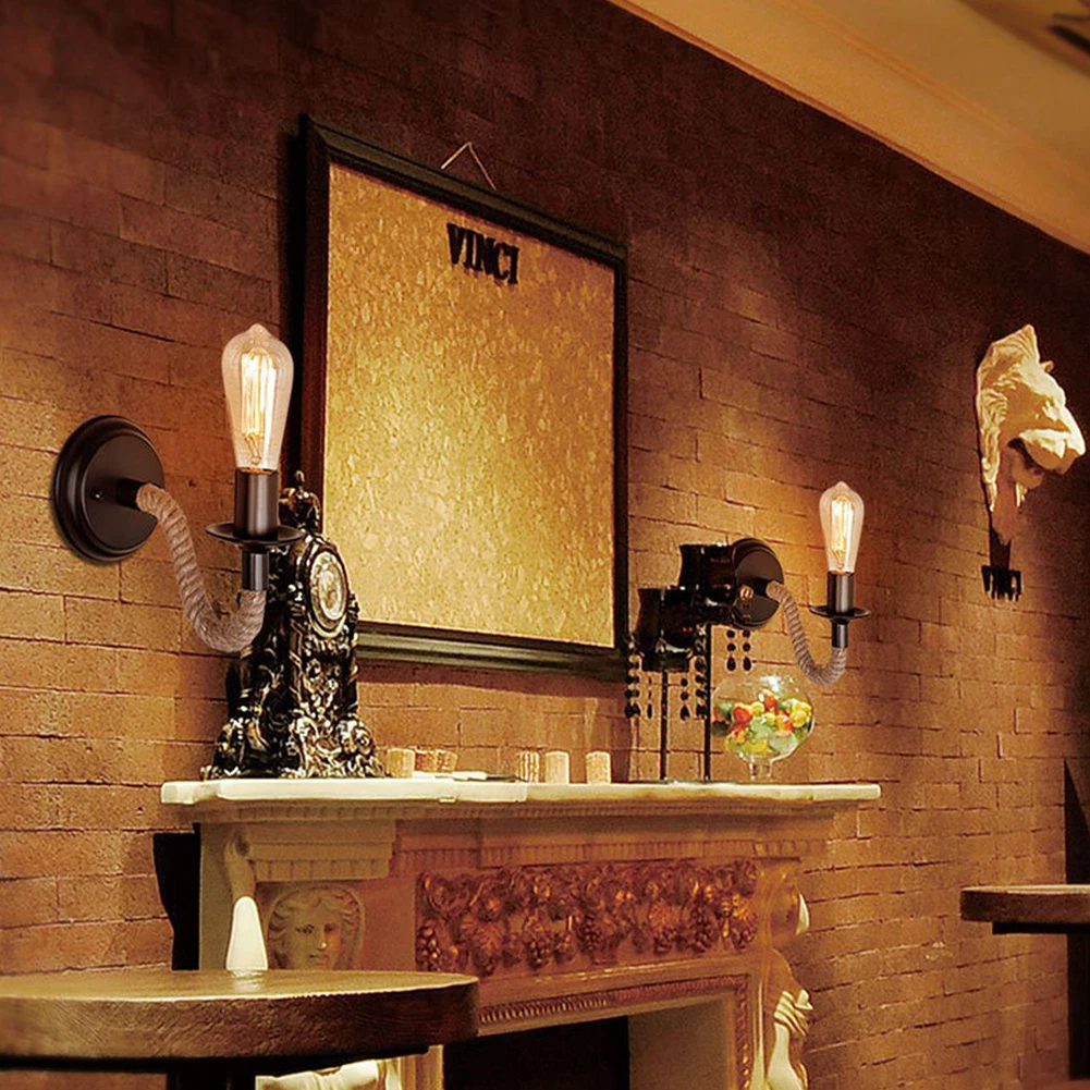 Фото Vintage Cafe Wall Lamp Indoor Country Style Loft Aisle Restaurant Hemp Rope Bedside Art Iron Home Decor E27 Bar | Лампы и освещение