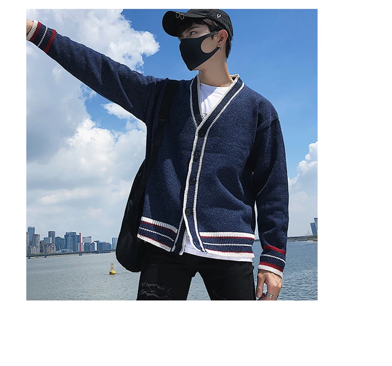 Check Button Cardigan Male Oversize Loose Streetwear (13)