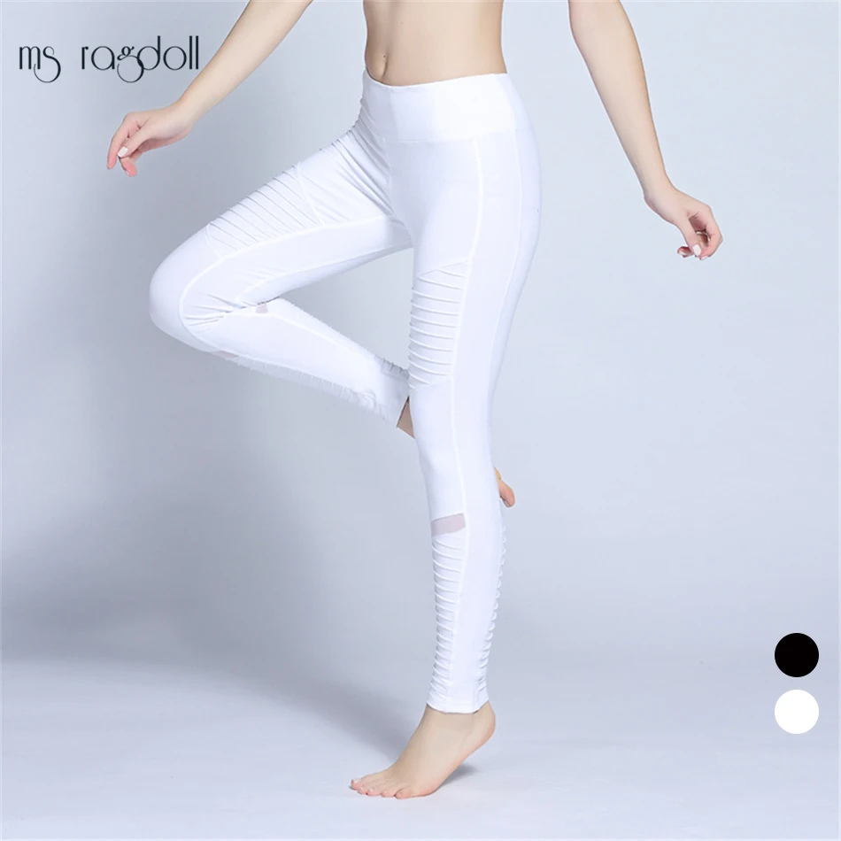 

Fitness Yoga leggings Sportwear women white yoga pants Pleated Mesh Compression Gym Slim Pleat Splicing Coast leggings Trousers