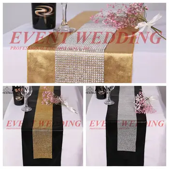

A Full Set Bronzing Metallic Table Runner With Diamond Mesh Rhinestone Table Runners For Wedding Event Tablecloth Decoration