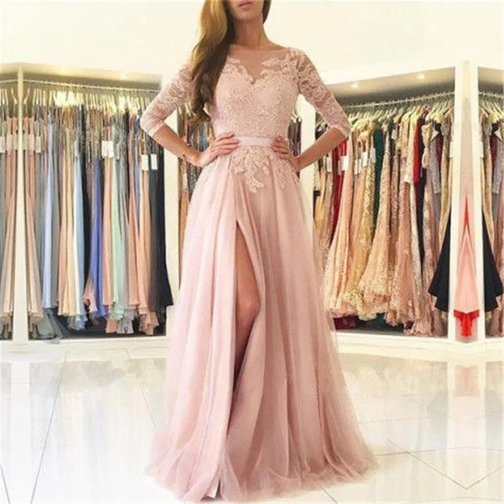 Blush Pink Lace Tulle Evening Dress Half Sleeve High Split A Line Long Formal Prom Gown 2018 Custom Made Wedding Party Dresses
Blush Pink Lace Tulle Evening Dress Half Sleeve High Split A Line Long Formal Prom Gown 2018 Custom Made Wedding Party Dresses