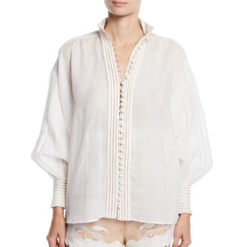 Hot Fashion Women's stand collar loose Shirts 2019 autumn lantern sleeves shirts & blouses A622 
Hot Fashion Women's stand collar loose Shirts 2019 autumn lantern sleeves shirts & blouses A622