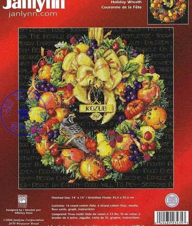 Top Quality lovely beautiful counted cross stitch kit holiday wreath, fruit wreath Janlynn
Top Quality lovely beautiful counted cross stitch kit holiday wreath, fruit wreath Janlynn