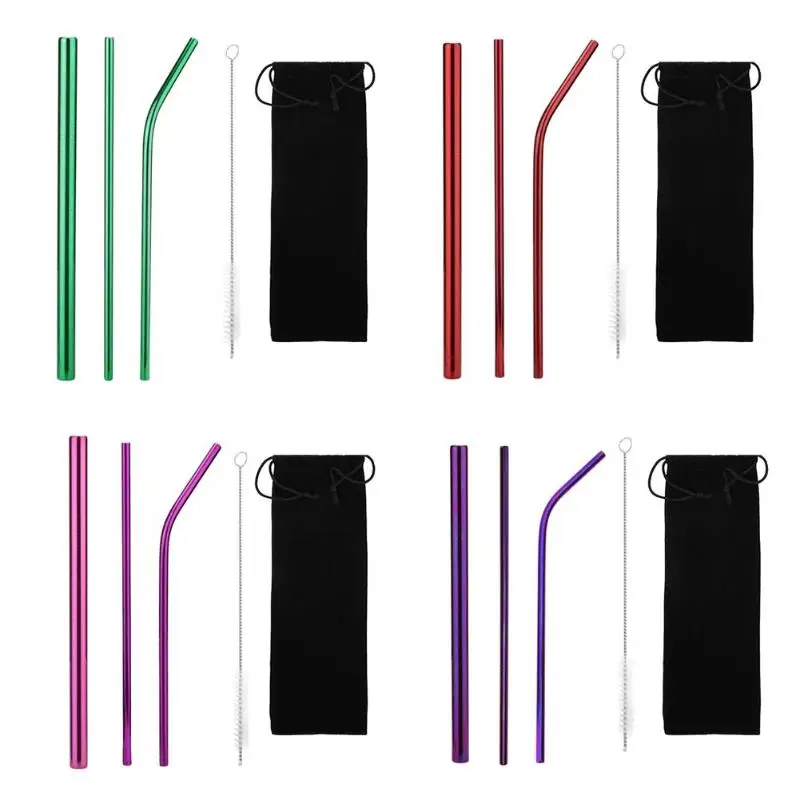 5pcs Reusable Stainless Steel Drinking Straw Metal Straws w/Cleaning Brush Bag Reusable Metal Drinking Straws 304 Stainless Stee