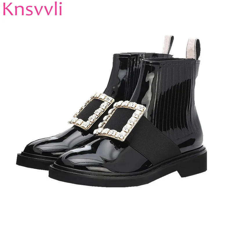 Hot Crystal Square Buckle Ankle Boots Women Round Toe Flat Shoes Black Patent leather British style Chelsea Boots Woman 2019
Hot Crystal Square Buckle Ankle Boots Women Round Toe Flat Shoes Black Patent leather British style Chelsea Boots Woman 2019