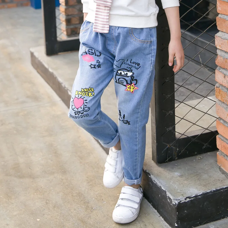 Children's Garment 2017 Spring New Pattern Korean Girl Doodle Jeans Child Trend Product Kids Trousers | Мать и ребенок