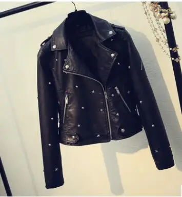 2019 spring and autumn new Korean fashion handsome wild star rivet black washed PU short coat female leather