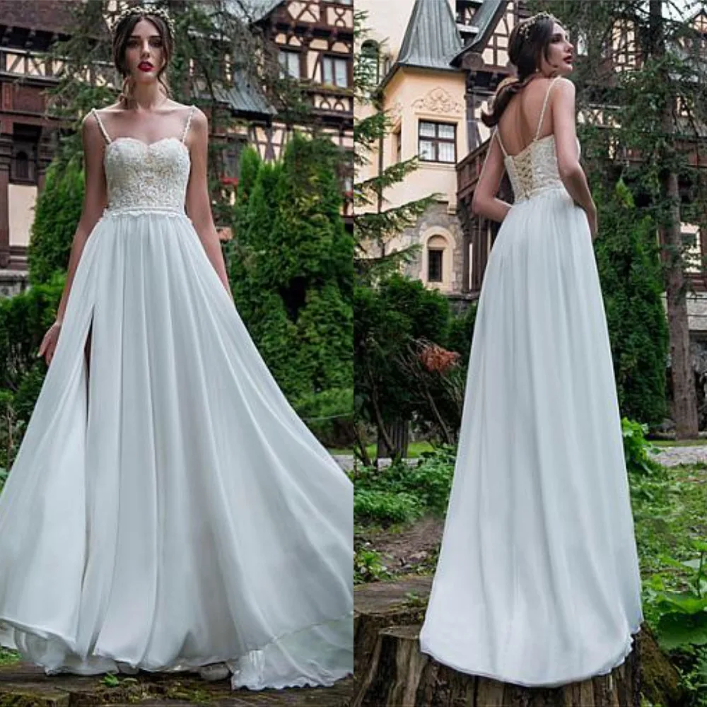 Graceful Chiffon Spaghetti Straps Wedding Dress With Appliuqes Beading Split A-Line Bridal Gowns Lace up Vestidos de novia
Graceful Chiffon Spaghetti Straps Wedding Dress With Appliuqes Beading Split A-Line Bridal Gowns Lace up Vestidos de novia