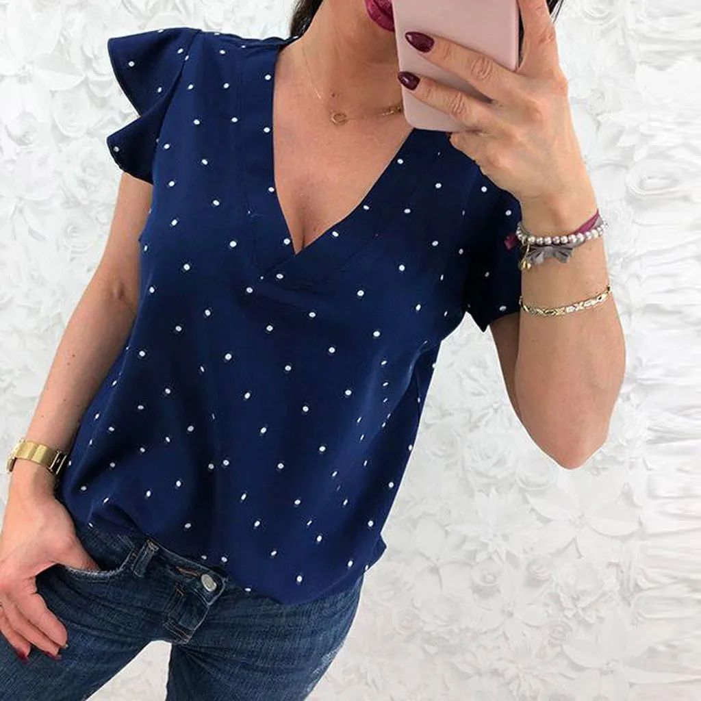 Fashion Women's Blouse Caual Polka Dot Printed V-Neck Ruffles Sleeve Summer Shirt Tops Blouse Women blusas mujer de moda 2019
Fashion Women's Blouse Caual Polka Dot Printed V-Neck Ruffles Sleeve Summer Shirt Tops Blouse Women blusas mujer de moda 2019