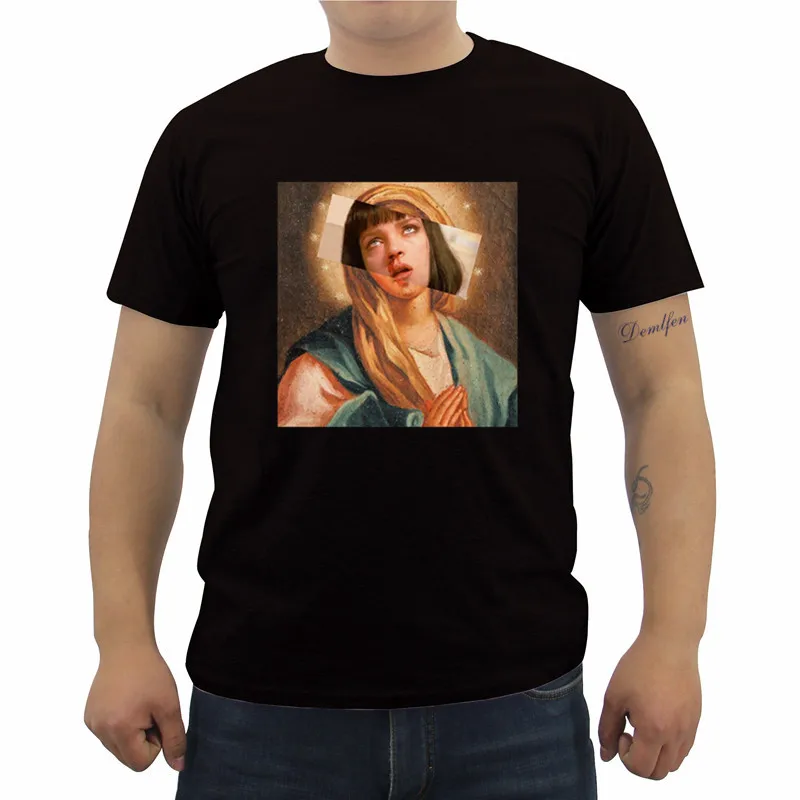 Funny Pulp Fiction T Shirt Virgin Mary Mia Wallace T Shirt Men Poster Saint Mia T-shirt Male Cotton Short Sleeve O-neck Top Tees
Funny Pulp Fiction T Shirt Virgin Mary Mia Wallace T Shirt Men Poster Saint Mia T-shirt Male Cotton Short Sleeve O-neck Top Tees