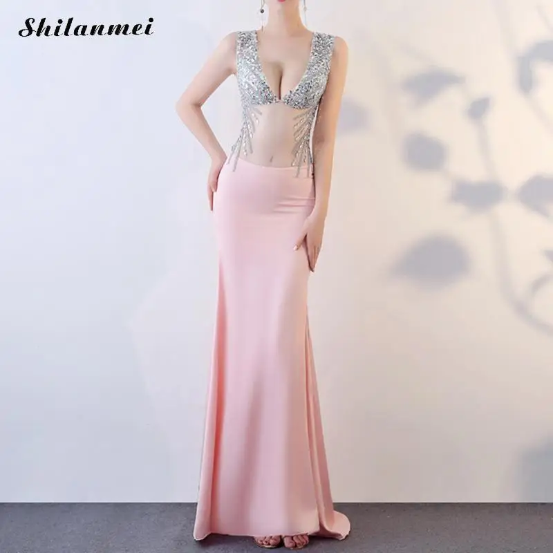 Sexy Deep V See Through Look Evening Party Dresses Trendy Women Bling Sequin Long Dress Sleeveless Femme Vestidos
Sexy Deep V See Through Look Evening Party Dresses Trendy Women Bling Sequin Long Dress Sleeveless Femme Vestidos