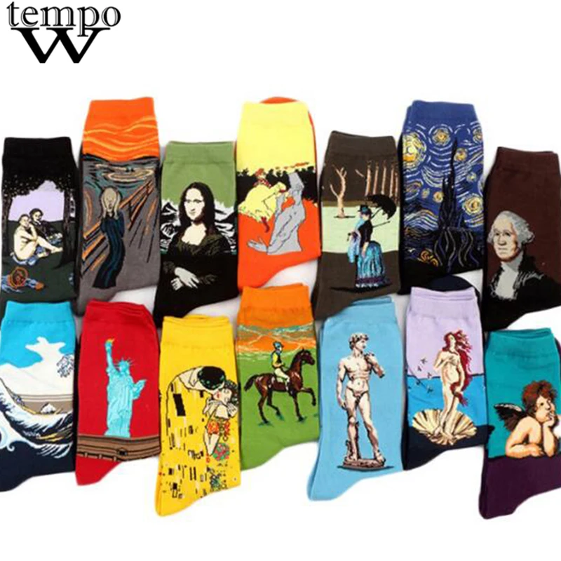 

Wtempo New European Socks Mens Art Patterned Casual Dress Socks Funny Colorful Assorted Argyle Thick Crew Socks for Man 1 Pair