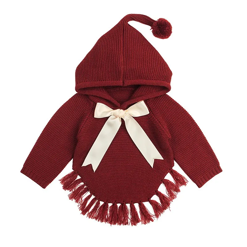 

2019 New Baby knitted Girl Sweaters Cape Hooded Children Bow Knit Cardigans Fringe Toddler Kids Coats Winter Warm Infant Clothes