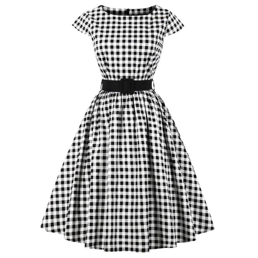 Women Vintage Dress 50s Rockabilly Black Plaid Elegant A Line Dresses Summer Short Sleeve Belted Cotton Party Dress 2019
Women Vintage Dress 50s Rockabilly Black Plaid Elegant A Line Dresses Summer Short Sleeve Belted Cotton Party Dress 2019