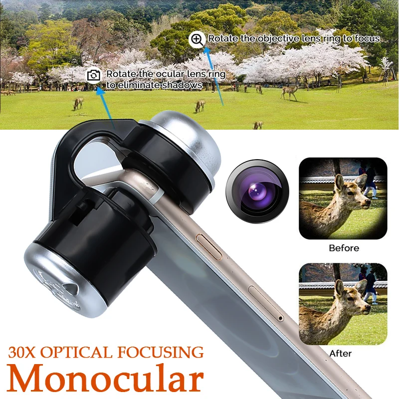 Phone Telescope LED Micro Lens Scope Creative Camera Microscope Equipment 30X Optical Zoom Accessories
Phone Telescope LED Micro Lens Scope Creative Camera Microscope Equipment 30X Optical Zoom Accessories