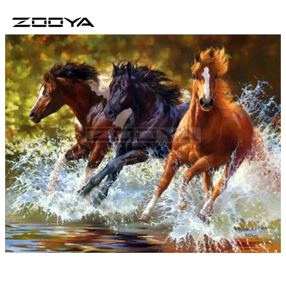 ZOOYA 5D DIY Diamond Embroidery Animal Three Running Horse Water Landscape Painting Cross Stitch Mosaic Decoration BK421 | Дом и сад