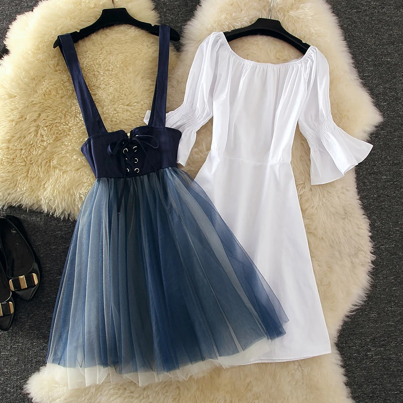 2019 Spring Summer Women Slash Neck Flare Sleeve Medium Long White Basic Dress + Mesh A-line Strap Dress 2 Piece Dress Sets
2019 Spring Summer Women Slash Neck Flare Sleeve Medium Long White Basic Dress + Mesh A-line Strap Dress 2 Piece Dress Sets