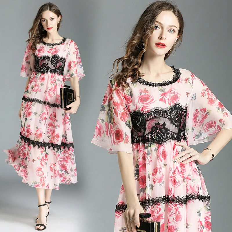 the horn sleeve dress summer new Europe and the United States big high-end custom printed rose silk joining together the d
the horn sleeve dress summer new Europe and the United States big high-end custom printed rose silk joining together the d