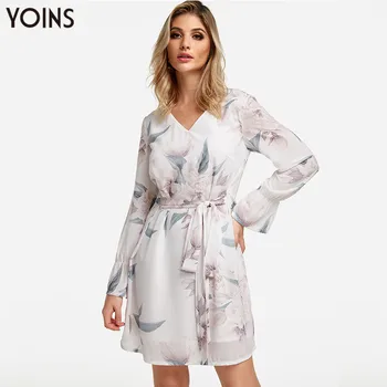 

YOINS 2020 Autumn Summer Floral Print Dress Women Long Sleeve Vintage White Self-tie Design Random V-neck Mini Dresses Vestidos