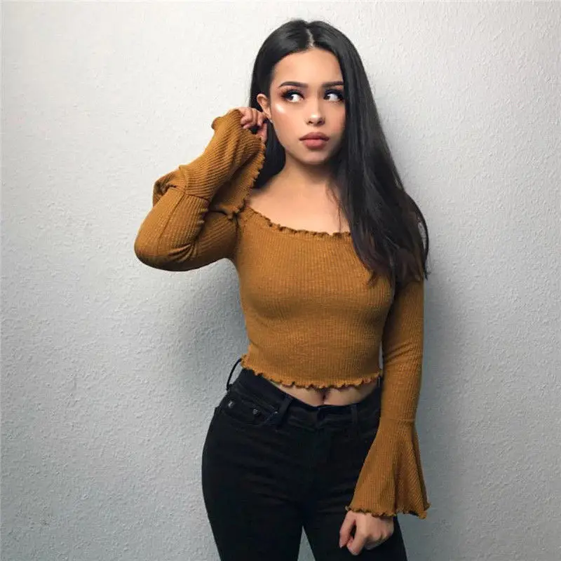 Women Cute Fashion Long Flare Sleeve Slash Neck Off Shoulder Pullover Skinny Short Length Knit Shirt Tops Solid Shirt 5 Colors
Women Cute Fashion Long Flare Sleeve Slash Neck Off Shoulder Pullover Skinny Short Length Knit Shirt Tops Solid Shirt 5 Colors