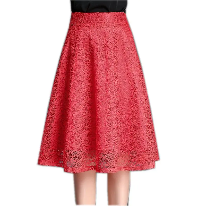 Image High Quality Red Lace Skirts Womens 2017 Spring Summer Skirt Slim Long Skirt Elastic Waist Skirt Office Women Faldas Mujer