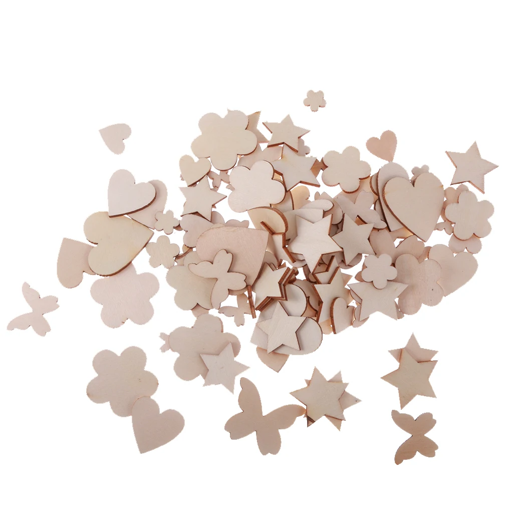 200pcs Assorted Shapes Natural Wooden Craft Embellishments MDF Wood Cutout Scrapbooking for DIY Art Wedding Decoration