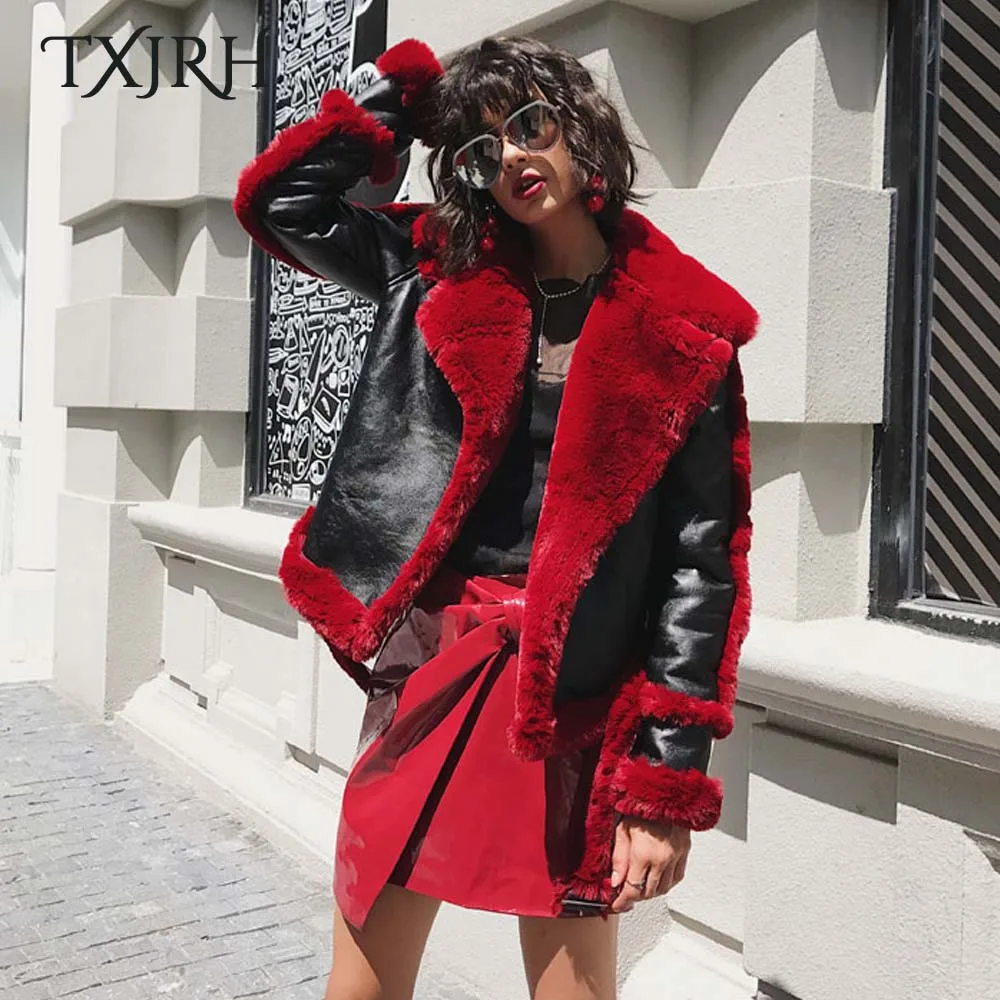 TXJRH Stylish Winter Red Large Lapel Fuax Fur Lined Spliced Faux Leather Jacket Woman Long Sleeve Short Warm Coat Outerwear Tops
TXJRH Stylish Winter Red Large Lapel Fuax Fur Lined Spliced Faux Leather Jacket Woman Long Sleeve Short Warm Coat Outerwear Tops