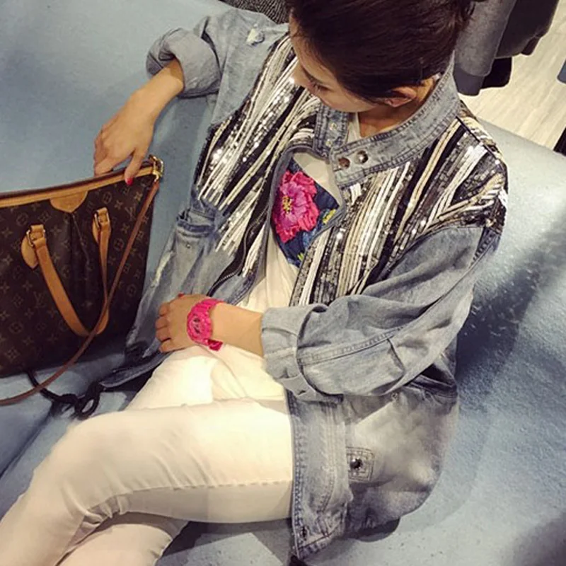 Women New Spring Personality Sequins Denim Jacket Autumn Casual Loose Korean Style Jean Coat Summer High Street Out Wear Clothes
Women New Spring Personality Sequins Denim Jacket Autumn Casual Loose Korean Style Jean Coat Summer High Street Out Wear Clothes