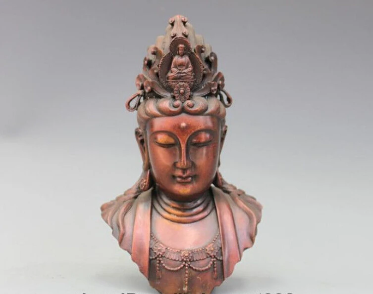 

9"China Buddhism Red Bronze Guan Yin Kwan-Yin Bodhisattva Buddha Head Statue