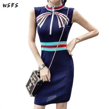 Summer Knitted Dresses Blue Oneck Sleeveless Striped Sundress Womens Bandage Bodycon Office Lady Sexy Zippers Midi Pencil Dress
Summer Knitted Dresses Blue Oneck Sleeveless Striped Sundress Womens Bandage Bodycon Office Lady Sexy Zippers Midi Pencil Dress