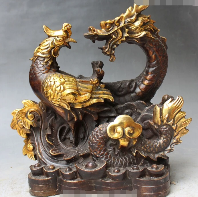 006705 12" Chinese Folk Bronze Gilt Auspicious Jixiang Dragon Phoenix God Wealth Statue
006705 12" Chinese Folk Bronze Gilt Auspicious Jixiang Dragon Phoenix God Wealth Statue