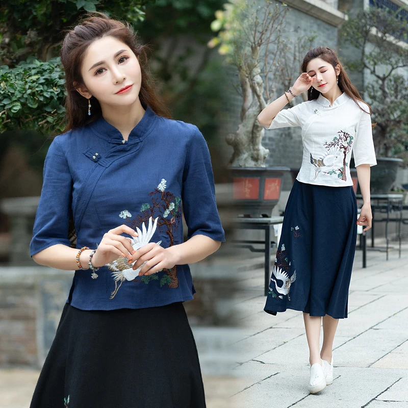 KYQIAO traditional Chinese shirt faldas mujer moda 2019 female elegant ethnic mandarin collar navy blue white embroidery blouse
KYQIAO traditional Chinese shirt faldas mujer moda 2019 female elegant ethnic mandarin collar navy blue white embroidery blouse