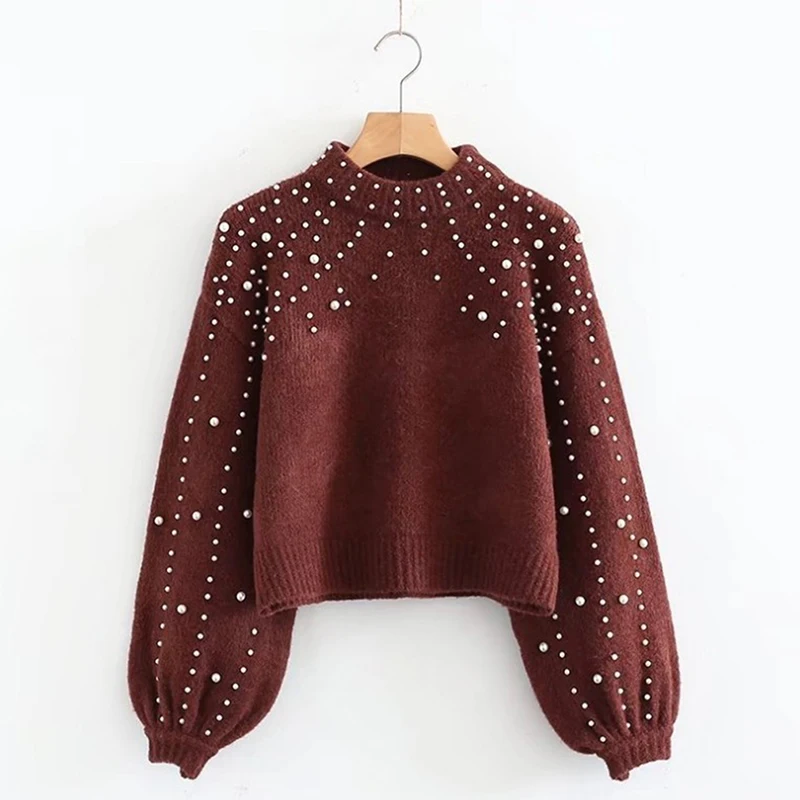 Зимний свитер Для женщин Свитеры с высоким воротом жемчуг Бисер Высокое качество