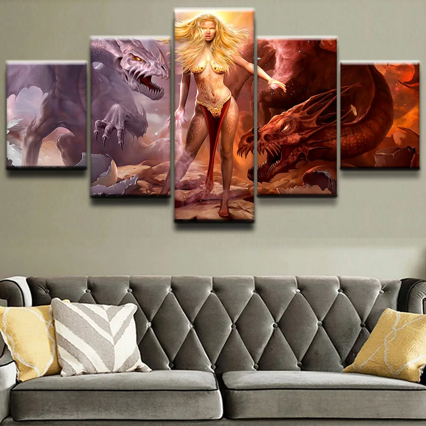 Фото Modern Canvas Paintings Home Decor HD Prints Poster 5 Pieces Dark Dragon Fantasy Tattoo Pictures Living Room Wall Art Framework | Дом и сад