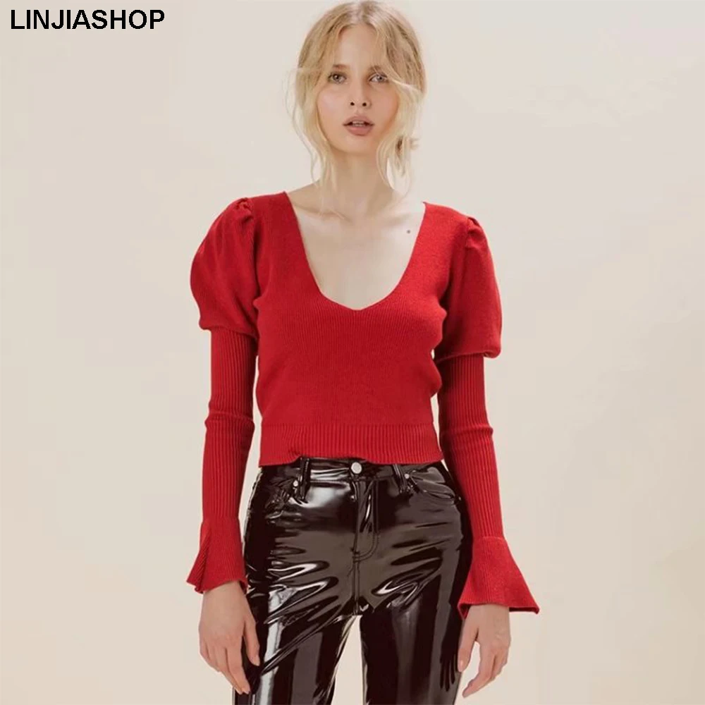 

Linjiashop Prince Sleeve Tanks Casual V neck top women red knitted slim solid lantern sleeve veste femme mujer 2019 vestidos