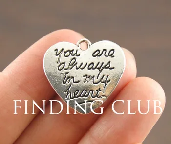 15pcs Silver Color You are always in my heart Charms Message Pendant DIY Metal Bracelet Necklace Jewelry Findings A1075
15pcs Silver Color You are always in my heart Charms Message Pendant DIY Metal Bracelet Necklace Jewelry Findings A1075