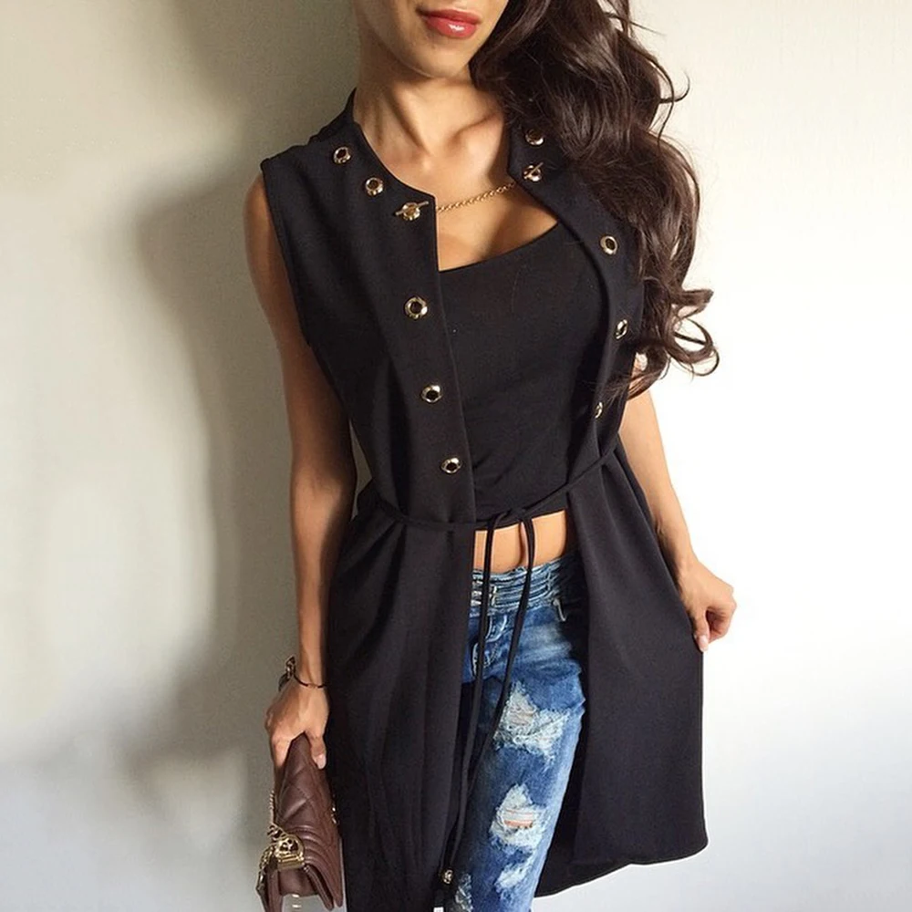 Women Solid Black O Neck Gothic Vest Coat Metal Chain Deco Sleeveless Belted Tunic Cardigan Vest Office Lady Outer Wear H30
Women Solid Black O Neck Gothic Vest Coat Metal Chain Deco Sleeveless Belted Tunic Cardigan Vest Office Lady Outer Wear H30