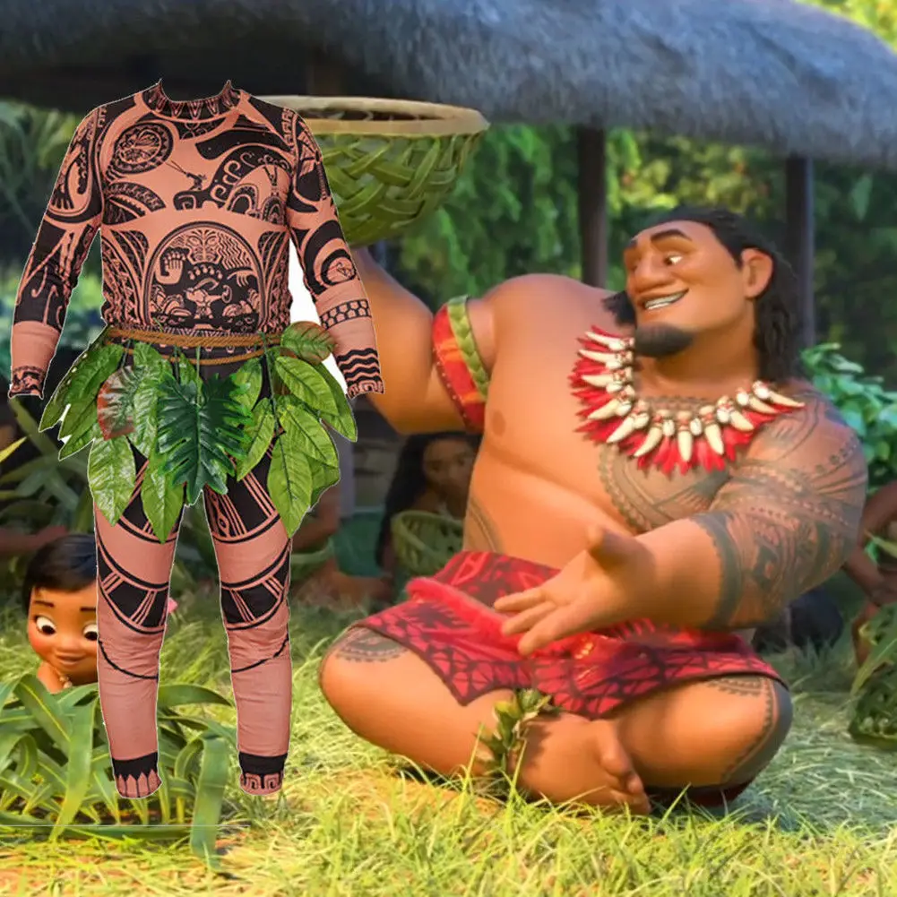 Hot Sales Adult Mens Women Moana Maui Tattoo T Shirt Pants Set Cosplay Costumes with Leaves Decor