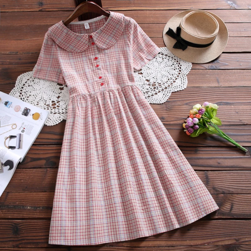 Mori Girl Summer Dress Women Peter Pan Collar Red Plaid Dresses Japanese Short Sleeve Cotton Vestidos
Mori Girl Summer Dress Women Peter Pan Collar Red Plaid Dresses Japanese Short Sleeve Cotton Vestidos
