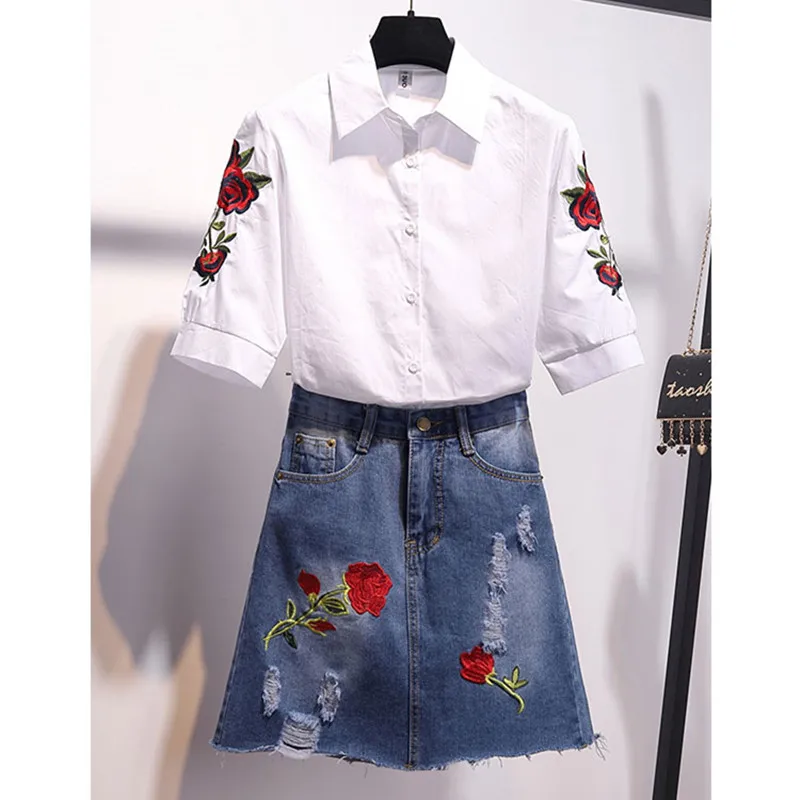 Women Flower Embroidery Cotton White Blouse Shirt + Jean A-Line Skirt Set Embroidery Casual 2PCS Sets For Women 2019 Summer Suit 
Women Flower Embroidery Cotton White Blouse Shirt + Jean A-Line Skirt Set Embroidery Casual 2PCS Sets For Women 2019 Summer Suit