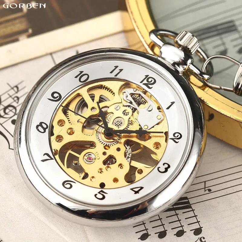 Роскошные серебряные Механические карманные часы скелетоны с ручным заводом для