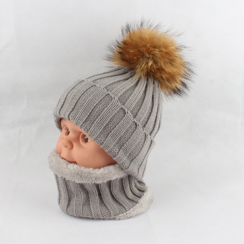 Kids Boys Girls Warm Fleece Liner Beanie Hats With Scarf Winter Fur Hat For Children Baby Pompom Skullies Beanies 21