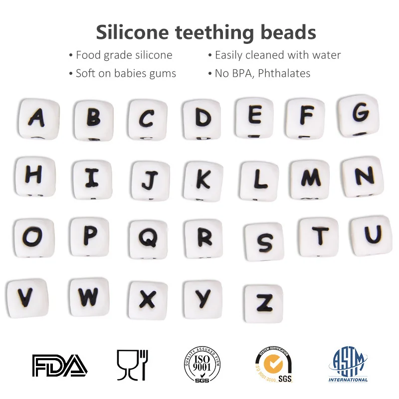 YUMUZ 100pcs 12mm Alphabet Letter Dice Beads BPA Free Silicone Chewing Teething Necklace Pacifier Clip Chain Baby Literacy toys
YUMUZ 100pcs 12mm Alphabet Letter Dice Beads BPA Free Silicone Chewing Teething Necklace Pacifier Clip Chain Baby Literacy toys