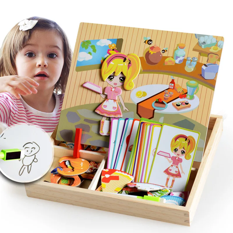 Girl Kitchen Dressup Magnetic Puzzle Game Box Wooden Magnetic Stickers Drawing Board Toy Baby Educational Toys for Children Gift
Girl Kitchen Dressup Magnetic Puzzle Game Box Wooden Magnetic Stickers Drawing Board Toy Baby Educational Toys for Children Gift