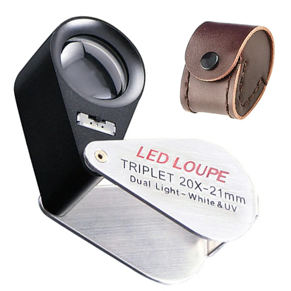 Mini 20X Magnification Foldable Jeweler Loupe Magnifier 21mm Triplet Optical Glass Lens + 6 LED & 1 UV light
Mini 20X Magnification Foldable Jeweler Loupe Magnifier 21mm Triplet Optical Glass Lens + 6 LED & 1 UV light